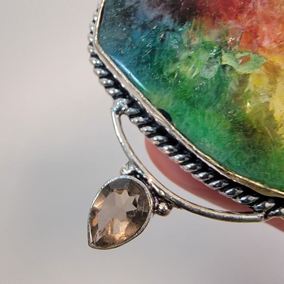 Handmade Sterling Silver Pendant with Rainbow Fluorite Garnet and Smoky Quartz - Picture 8 of 10